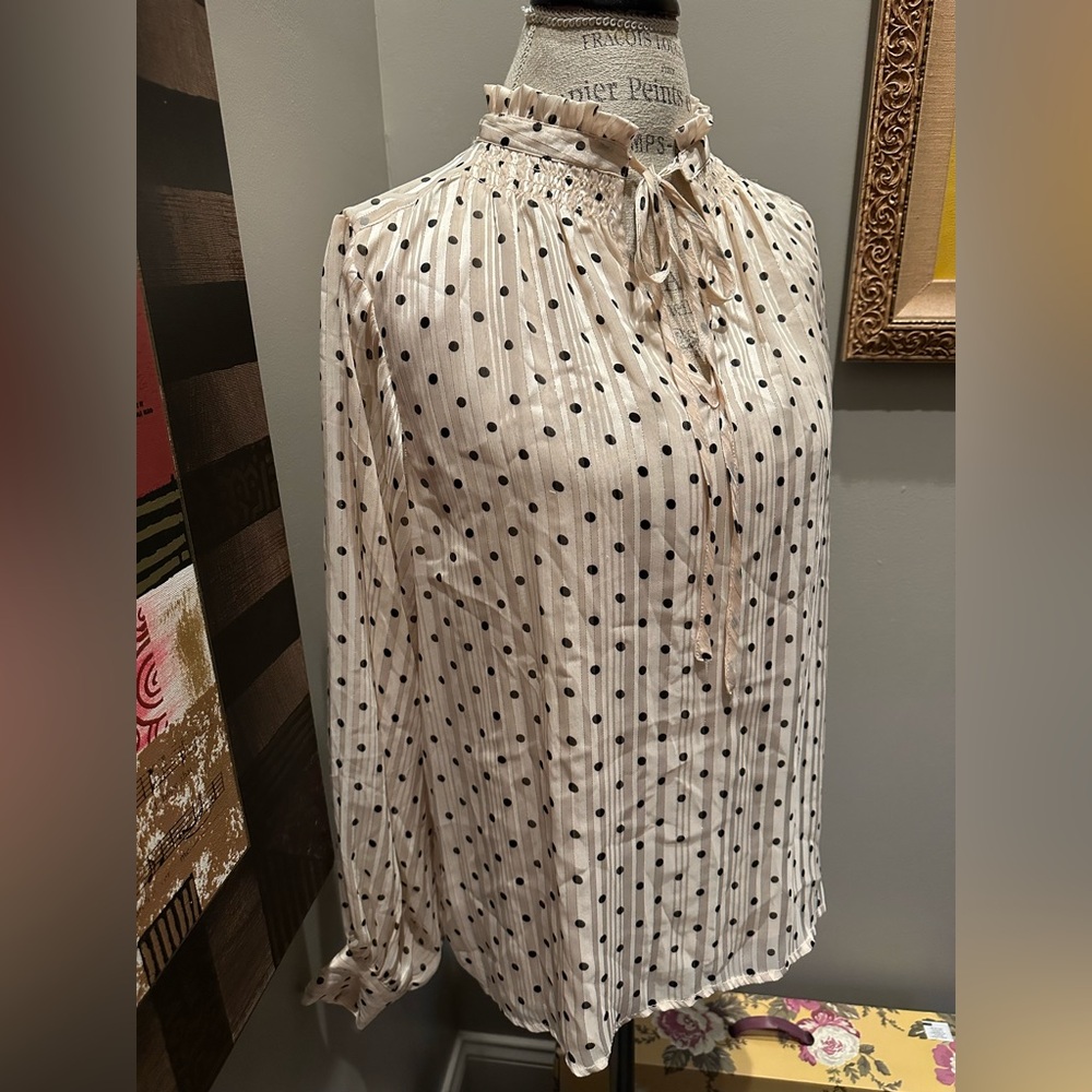 Ophelia Roe Blush Pink and Black Polka-Dot Shimmer Blouse GUC - Picture 2 of 11